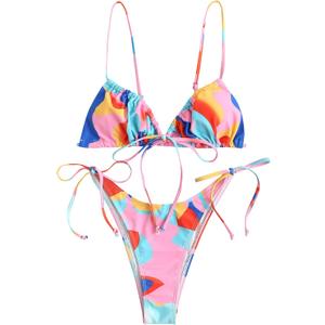 ZAFUL Womens High Cut Thong Bikini Set Swimsuits Cami String Sexy Bathing Suit (Small, 82_pink)