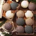 VioraWhite 12 Pcs Neutral Christmas Ornaments, 3.15 Inch Beige Green Crochet Christmas Balls Modern Rustic Handmade Knitted Woven Cotton Baubles for Xmas Tree Farmhouse Holiday Decor
