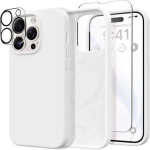 GONEZ for iPhone 14 Pro Max Case Silicone, Compatible with MagSafe, with Screen Protector + Camera Lens Protector, Liquid Silicone Shockproof Protective Phone 14 ProMax Case 6.7", White