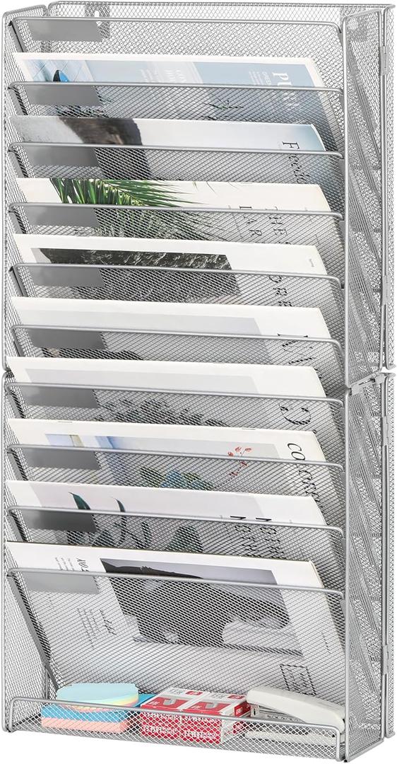 10-Tier Wall File Organizer, Hanging Mail Organizer Wall Mounted Paper Document Holder, Metal Clipboard Storage Basket for Office Home School Organization, Silver
