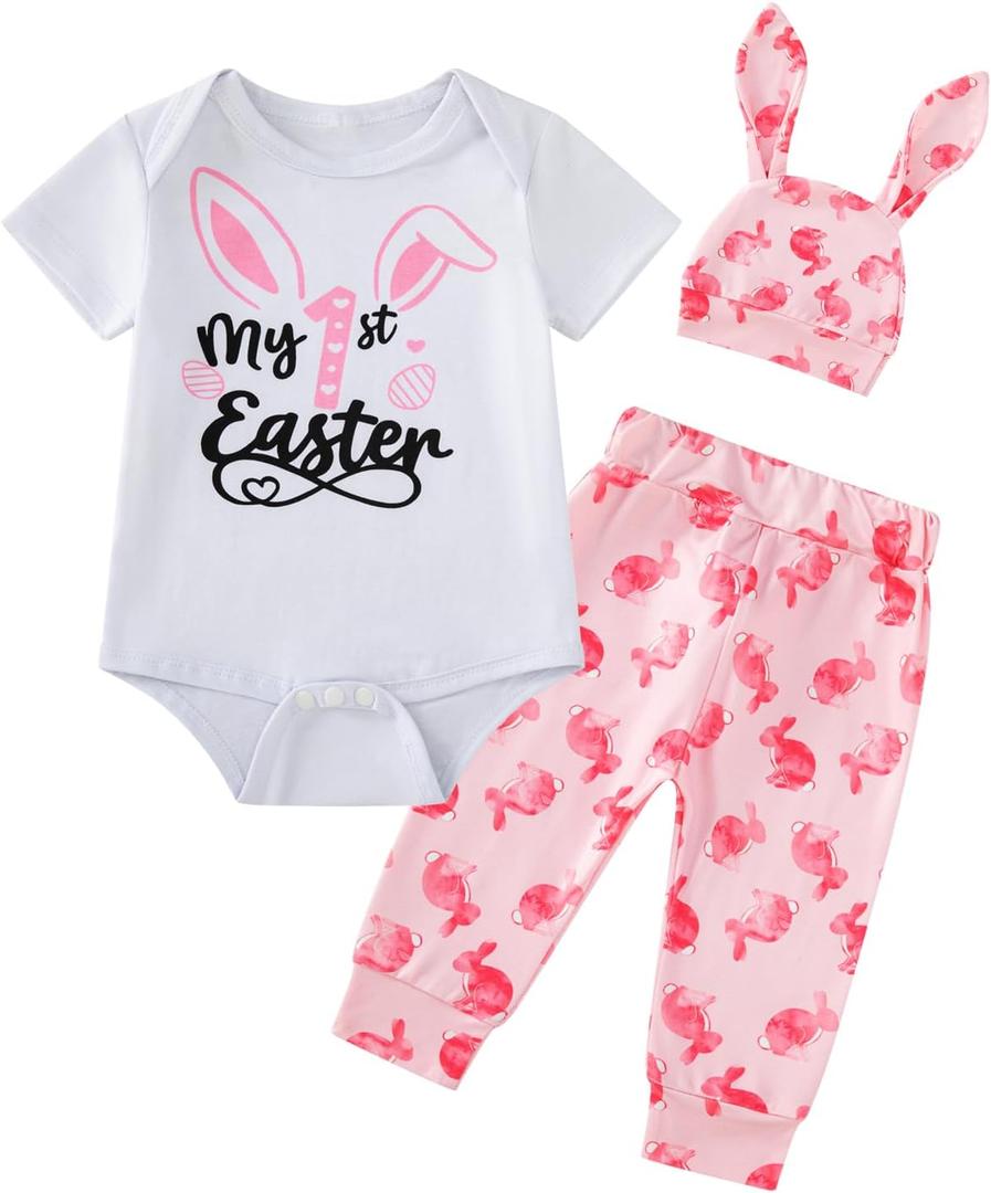 PROMOTED TO BIG SISTER Baby Girl My First Easter Outfit Bunny Pant Sets (Pink-one, 6-12 Months)