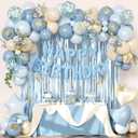 Blue Birthday Decorations, Dusty blue Sand White Confetti Foil Balloons Happy Birthday Banner Gold Butterfly Fringe Curtains, Light Blue Birthday Decorations for Boys Girls Women Men