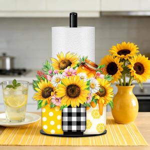 Sunflower Day Paper Towel Holder, Honey Bottle Vase Summer White Daisy Paper Holder, Buffalo Plaid Bottles Vase Decor, Spring Holiday Decoration for Kitchen Countertop Bathroom Home Farmhouse
