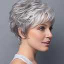 SEVENCOLORS Short Grey Wigs for White Women Pixie Cut Gray Wigs with Bangs Natural Curly Synthetic Hair Short Mixed White Wig for Older Women, Gray 