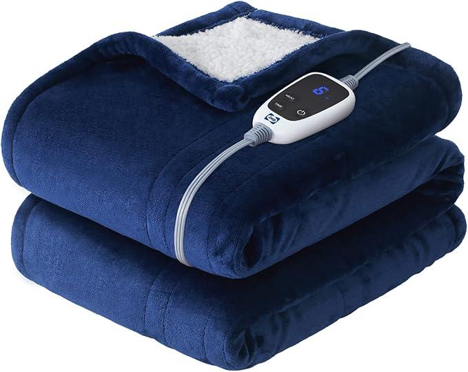 SEALY Electric Blanket Queen Size, Flannel & Sherpa Heated Blanket with 10 Heating Levels & 1-12 Hours Auto Shut Off, Machine Washable, Blue, 84 x 90 Inch