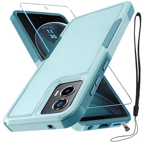 RMOCR Case Compatible with Moto G Stylus 5G 2024, Full Body Heavy Duty Rugged Shockproof Protective Phone Cover with Lanyard Strap, Tempered Glass Screen Protector, Mint Green