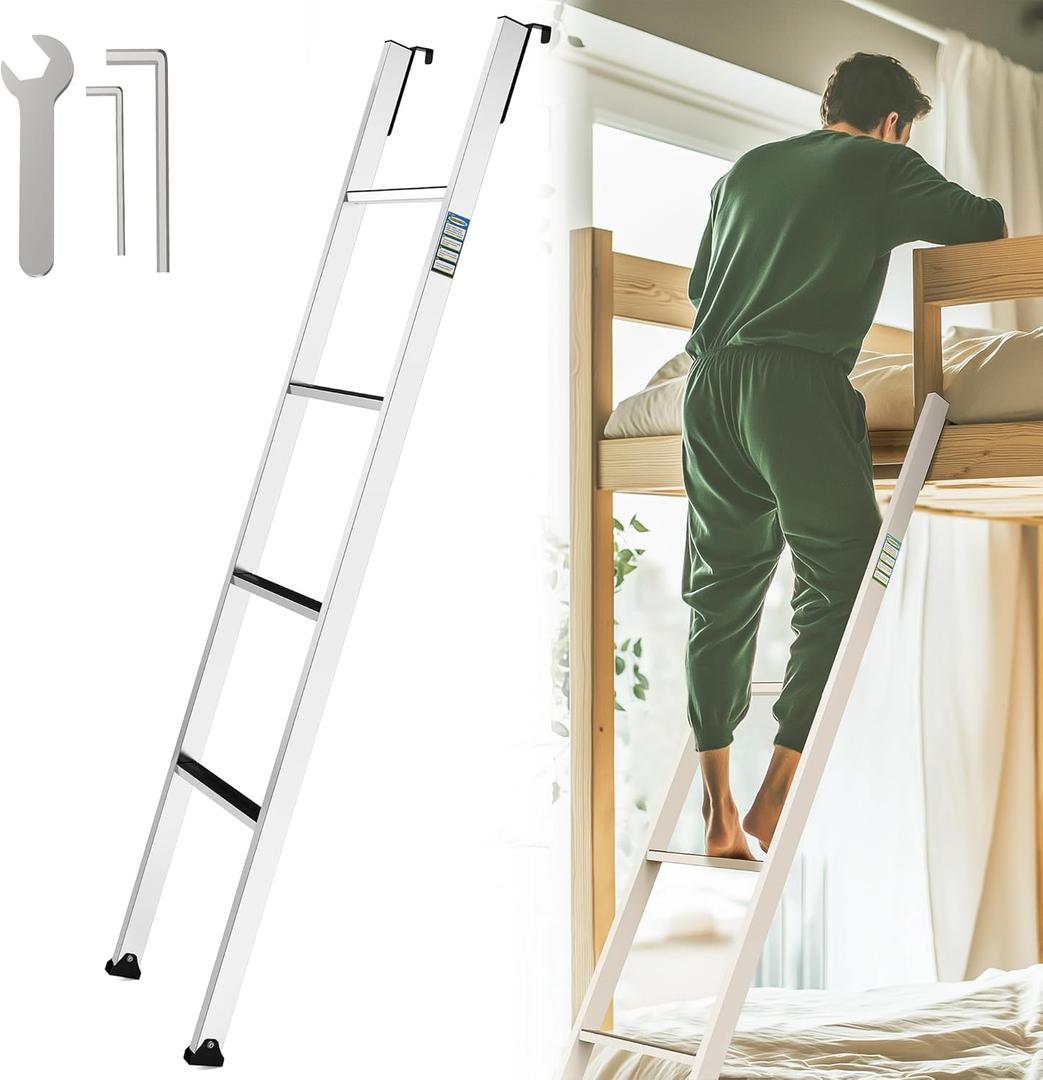Integrated Step Ladder with 57"-61" Height Rangebunk Ladder with 1.2" HooksAll Metal Structure 300 lbs CapacityAnti-Slip Step, Easy to Clean, for Bunk Beds, Dorms, and Kids' Rooms