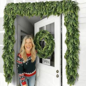 2 PCS 9 FT Christmas Cedar Garland, Artificial Real Touch Greenery Pine Garlands, Thick & Lush Realistic Green Faux Garland for Mantle Fireplace Table Indoor Outdoor Winter Christmas Decorations