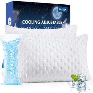 Cooling Side Sleeper Pillow for Neck and Shoulder Pain, Luxury Shredded Memory Foam Pillows for Sleeping, Firm Bed Pillows Queen Size Set of 2- Adjustable Queen Size- Washable Cover Original White