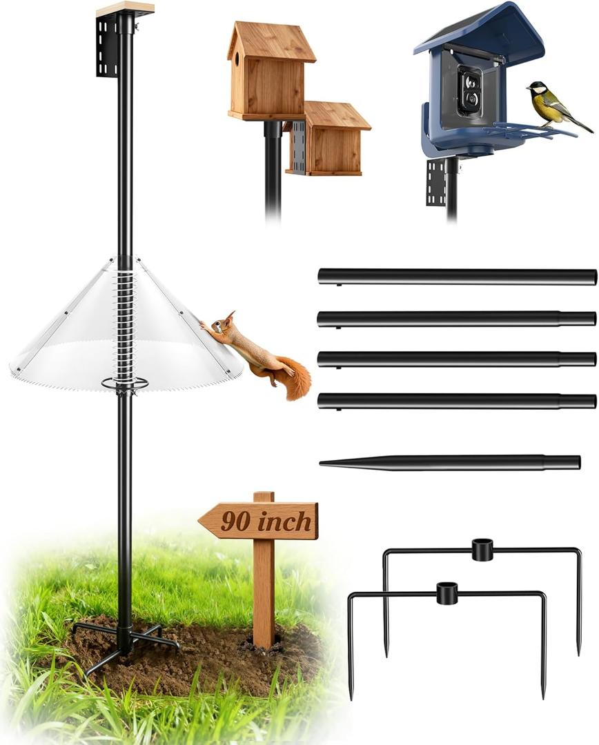 Bird Feeder Pole with Squirrel Baffle - 90 Inch Bird House Pole for Outdoors Heavy Duty, Squirrel Proof Baffle with Stainless Steel Spring for Better Defense, Slip-Fit Connection