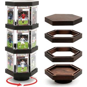 3-Tier Rotating Card Display Stand for PSA Graded Slabs (Card not included) | Wood Trading Card Display Case Holder for 18 Slabs, Motorized 360 Sports Card Display for BGS CGC Slabs, Baseball Card Stand