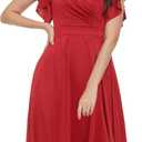 Women's Cocktail Dress Wrap V Neck Ruffle Short Sleeve A Line Work Formal Wedding Guest Midi Dress with Pockets (Red, S)