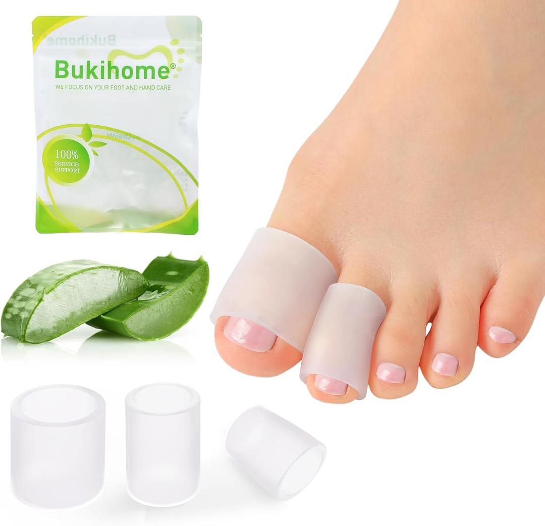 Bukihome Silicone Toe Protectors  14 Pack Aloe Vera Extract Infused Silicone Toe Sleeve for Hammer Toes, Corns, Calluses, Blisters  Soft Gel Protector Toe Cushions for Pain Relief (Multi-Size) (Clear)