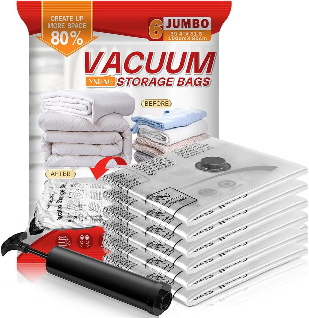 Vacuum Storage Bags,Vacuum Seal Bags for Clothing with Hand Pump,Vacuum Sealer Bags for Clothing/Comforters/Blankets 6 Jumbo
