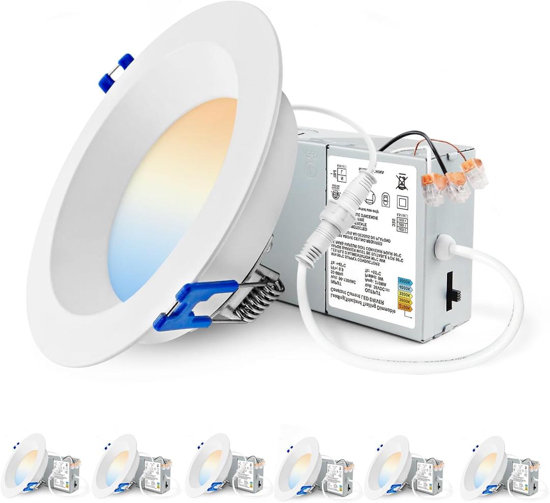 Adetu 4 Inch Anti-Glare LED Downlight,Dimmable Ceiling Light with 5CCT Reset,Selectable from 2700K to 5000K - 12W 1080LM, ETL Certified (White, 6 Pack Round)