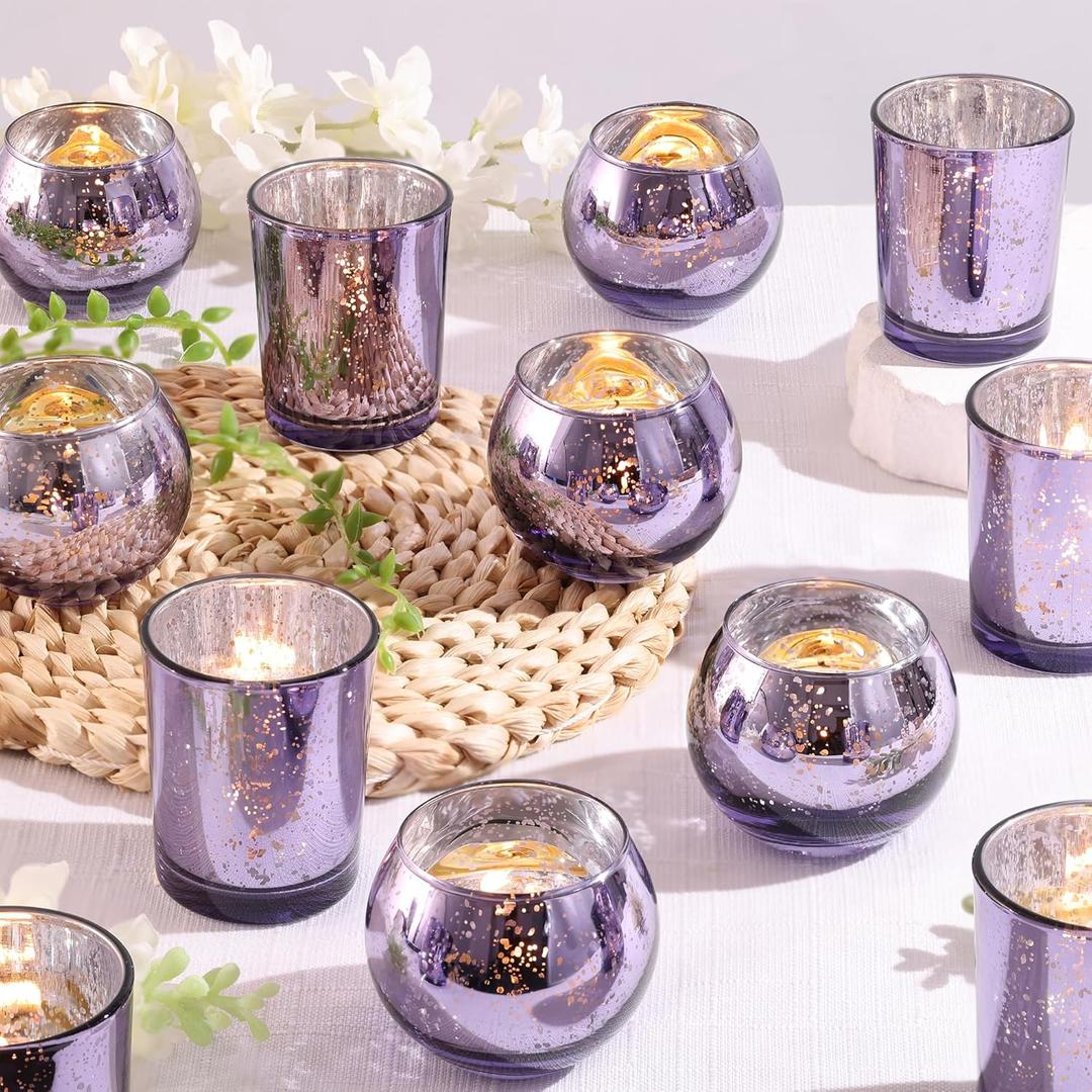 12 Pcs Assorsted Purple Votive Candle Holders for Tea Lights & Votives, Mercury Glass Candle Holder Bridal Shower Party Table Decorations, Wedding Table Decorations for Home Party,
