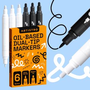 ARTISTRO 6 Black & White Oil-Based Permanent Tire Markers - Dual Tip (0.3mm+3mm) Paint Markers for Tire - Quick Dry, Waterproof