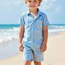 Boys Casual Hawaiian Shirts 2 Piece, Blue Button Down Shirt and Shorts Summer Beach Striped Clothes for kids (7 Years)