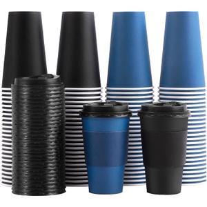 SIUQ 100 Pack 16 oz Disposable Coffee Cups with Lids and Sleeves, To Go Paper Cups, Hot & Cold Drinking Cups for Tea, Coffee, Water, Hot Chocolate, Paper Coffee Cups Ideal for Home,Cafes,Store
