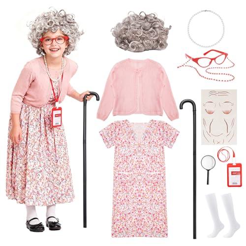 Skirfy Kids 100 Days of School Costume for Girls,Old Lady Granny Costume with Wig,Magnifier,Cane and Glasses for 100th Day of School events and Halloween Dress-Up