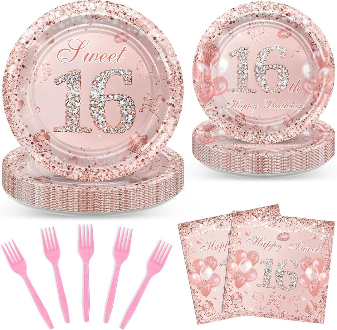 Avezano 96 Pcs Rose Gold Sweet 16 Birthday Party Paper Plates and Napkins Girls Sweet 16 Decorations Sweet Sixteen Birthday Party Disposable Paper Tableware Serve 24