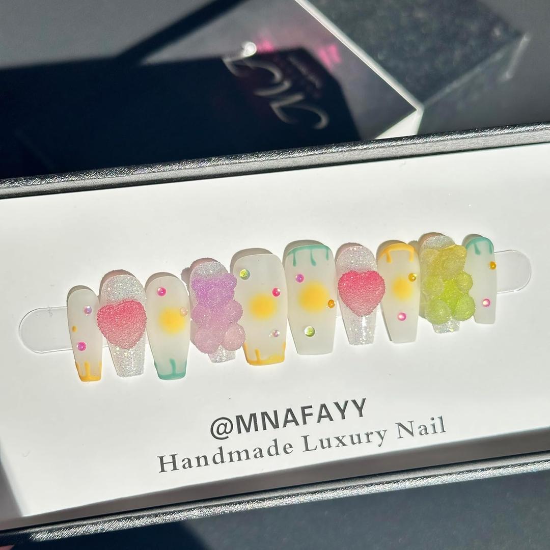 100% Handmade Nails Medium Candy Bear Press On Nails Luxury & Custom Fake Nails 3DReusable UV Finished False Nails, Hand-Painted Nails Nail Artist Salon With Gift Box Gifts for Women 10PCS M