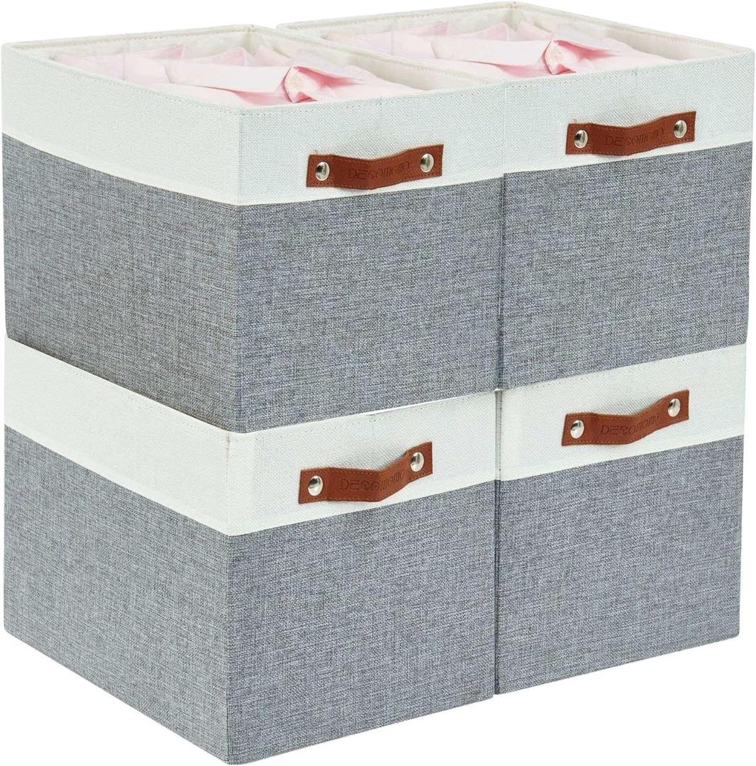 DECOMOMO Kallax Storage Cubes - 13x15x13 Storage Bins, Baskets for Organizing Shelves (Grey and White, 4-Pack)