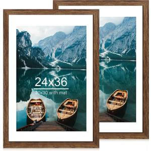 Hongkee 24x36 Poster Frame Set of 2, Rustic Brown Wood Style - Display 20x30 Picture with Mat or 24 x 36 Poster without Mat, Wall Mounting Horizontal and Vertical