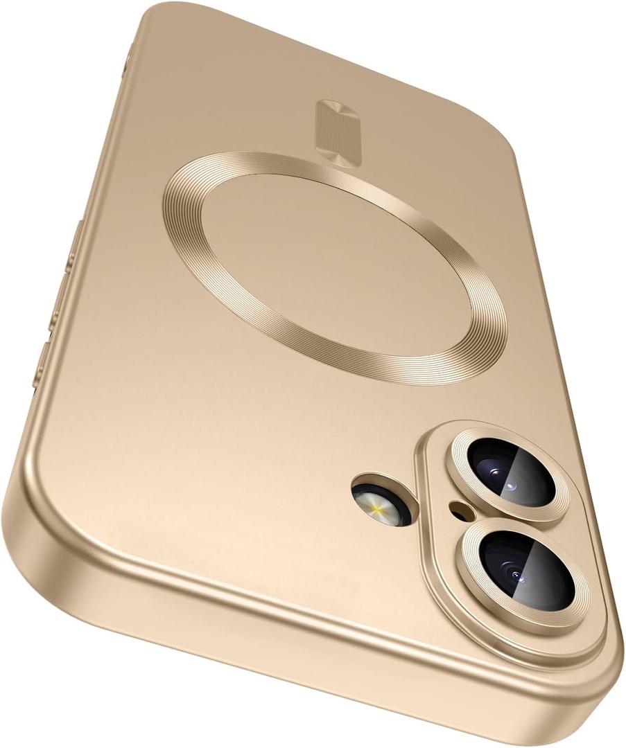 LEKEVO Magnetic for iPhone 16 Case [Compatible with MagSafe][Built-in Camera Lens Protector] Slim Soft Silicone Bumper Shockproof Metallic Luster Phone Case (Gold)