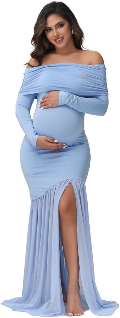 Maternity Long Sleeve Off Shoulder Baby Shower Dress Party Mesh Paneled Split Maxi Photography Gown for Photoshoot (Blue, M)