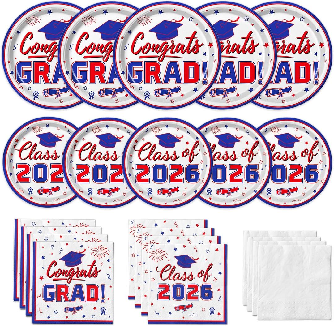 Graduation Party Supplies Kit Serves 50 - Graduation Party Red and Blue Class of 2026 Tableware Disposable Dinner Plates Dessert Plates and Napkins for Congrats Grad Party Decorations