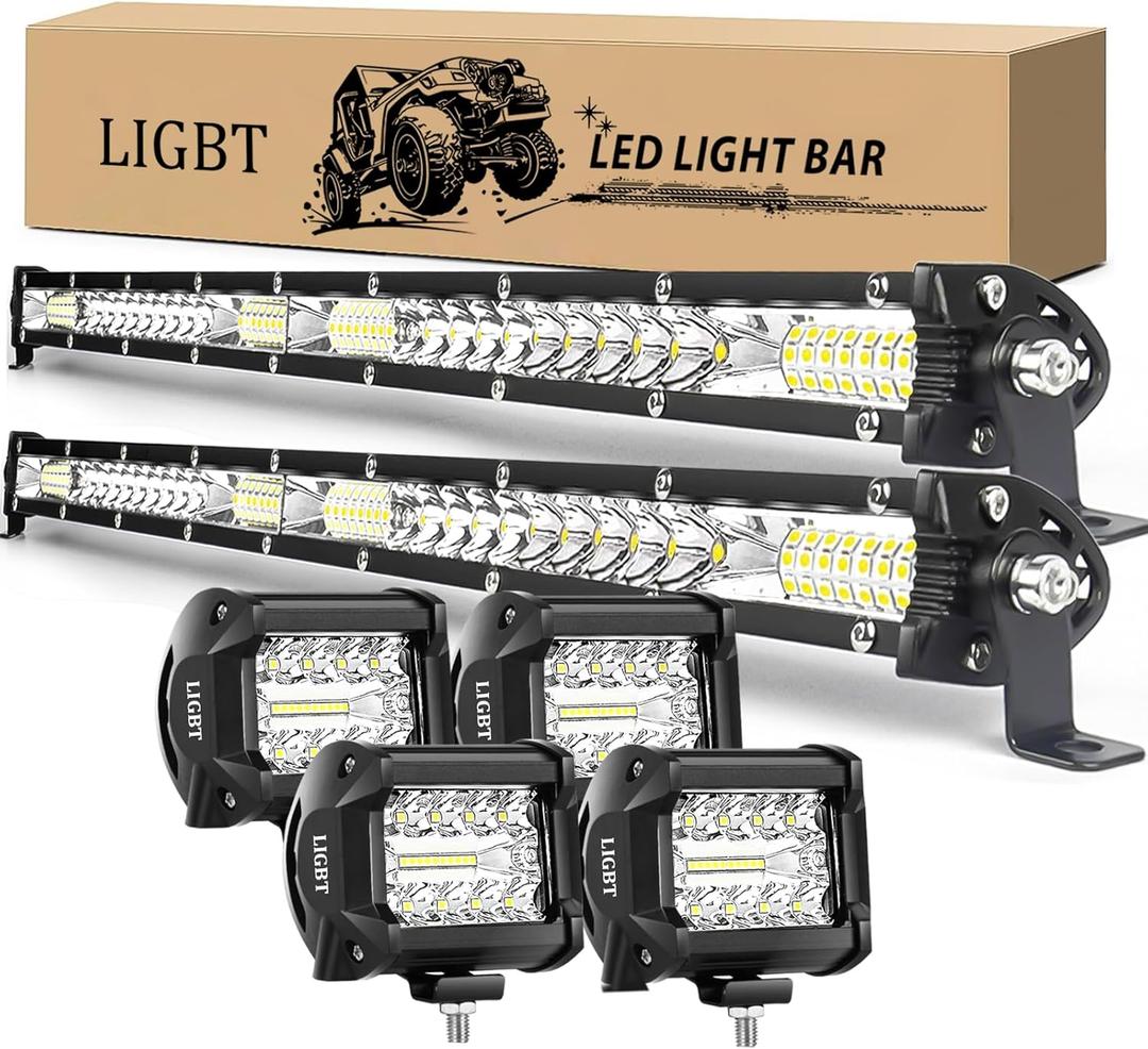 LIGBT 2Pcs 21 Inch 204W Slim LED Light Bar 4PCS LED Pods 4Inch 60W Spot Flood Combo Fog Driving Lights Work Light Roof Bumper Lamp Offroad Lights for 4x4 Trucks SUV ATV UTV