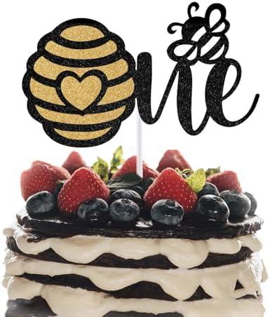 Pack Of 5 One Cake Topper, 1st Year Old Baby Birthday Cake Decor, Bee Theme Baby Shower Decorations, Boy/Girl First Birthday Party Decoration, Black Glitter