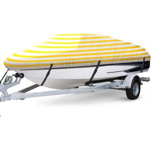 Waterproof Boat Cover, Fits 16-18.5ft V-Hull Tri-Hull, Bass, Fish & Ski, Runabout Boats - 600D Heavy Duty Canvas Stripe (16'-18.5' Long (Beam Width up to 94"), Yellow and White)