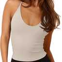 LASLULU Womens Sleeveless Halter Neck Workout Tops Adjustable Tie Camisole Backless Casual Basic Cami Gym Yoga Tank Tops (Medium, Beige-double Lined)