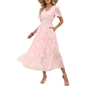 Caracilia Womens 2026 Spring Wedding Guest Maxi Dress Summer Boho Floral Short Sleeve V Neck Beach Vacation Tea Party Dresses (Pink, L)