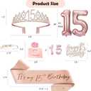 15th Birthday Decorations for Girls, 15th Birthday Sash and Crown, Cake Topper, Number Candles and Balloons, 15 Year Old Gifts for Girls