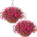 HyeFlora 2 Set Artificial Outdoor Flowers Hanging Basket, Faux Hanging Plants for Outside Spring Decoration, Fake Silk UV Resistant Look Real Daisy for Porch Patio Home Decor (Rose Red)