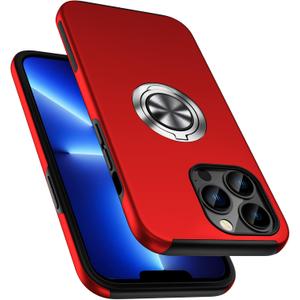 PELEPUES Shockproof Case for iPhone 13 Pro 6.1'', [Embedded Finger Ring] Military Grade Phone Case Cover with Reinforced Metal Stand Kickstand [Support Magnetic Car Holder] for iPhone 13 Pro, Red