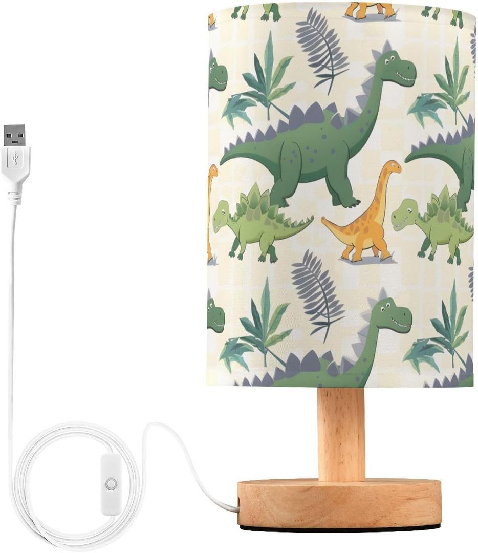Dinosaur Green Dino A Lamp for Girls Boys Bedroom Bedside Table Lamp with USB Port LED Kids Nightstand Lamp Wood Base Desk Living Room Decor
