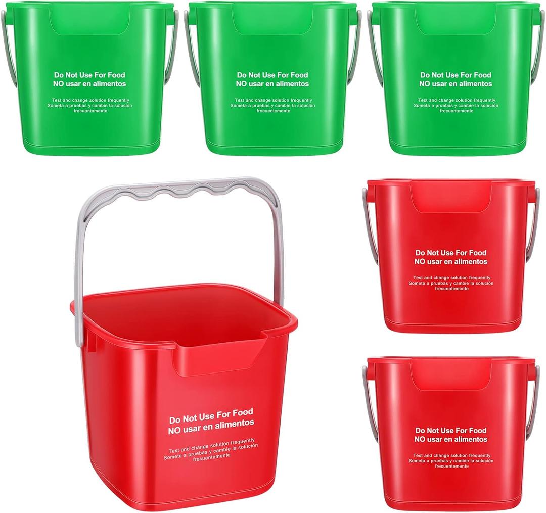 Roshtia 6 Pcs 3 Quart Cleaning Bucket Small Sanitizing Square Bucket Detergent Pail for Home Commercial Restaurant Kitchen Office School, Green, Red
