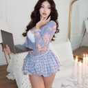 COZYPOIN Womens Mini Plaid Bubble Skirts 2026 Summer Sexy Low Waist Y2k Puffy Ruffle Balloon Skirt with Short Underneath (Blue, S)