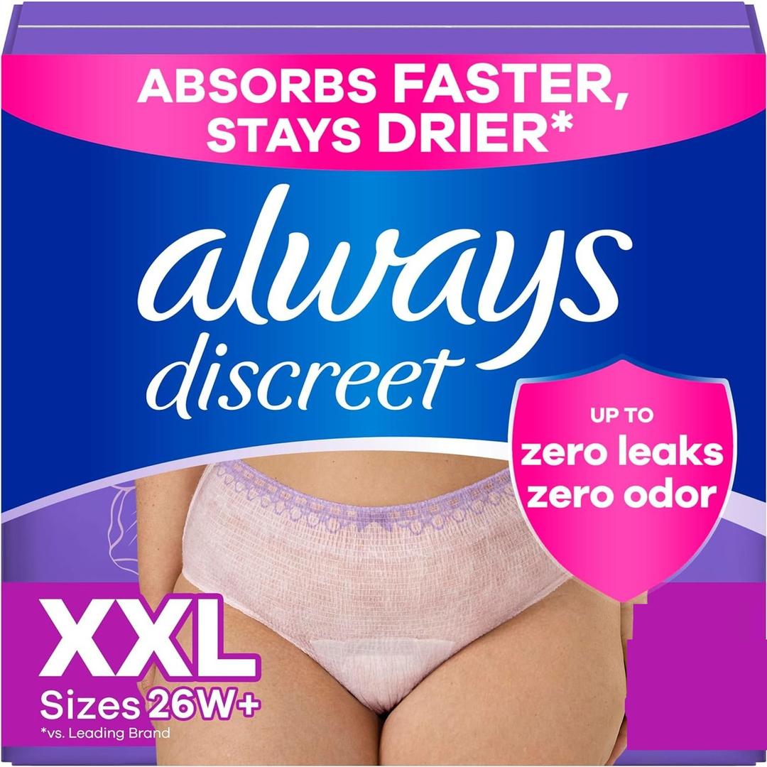 Always Discreet Adult Incontinence Underwear for Women and Postpartum Underwear, XXL, Up to 100% Bladder Leak Protection, 39 Count (3 Packs of 13) (2X-Large)