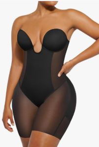 SHAPELLX Strapless Shapewear for Women Deep Plunge Corset Tummy Control Backless Bodysuit Mid Thigh Full Body Shaper XS