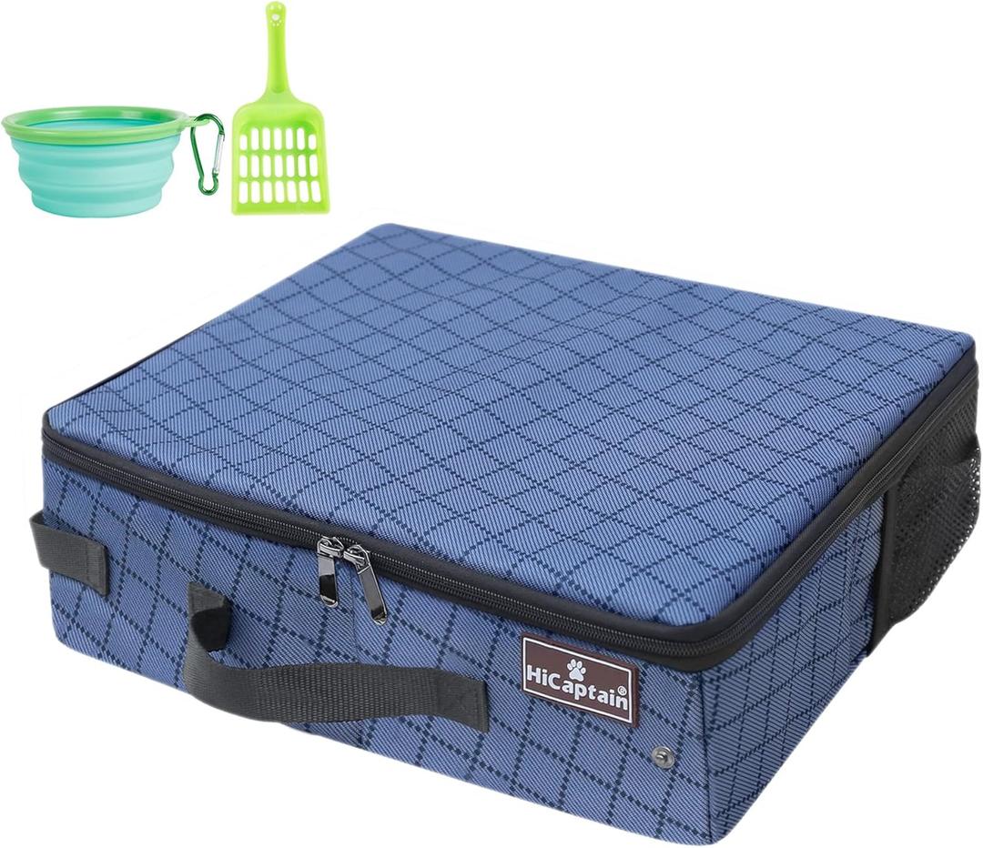 HiCaptain Portable Travel Litter Box with Lid, Foldable Cat Travel Litter Box - Leakproof, Odor-Free & Waterproof. Ideal for Road Trip, Cars, Hotels and Airplane - Blue (M - For small and medium cat(Pack Of 1))