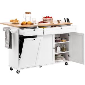 VEVOR Kitchen Island Cart with Storage, 60in Wide Mobile Kitchen Cart with Wheels, Drop Leaf, 2 Drawers, Trash Can Cabinet, Knife Holder, Spice Rack, and Towel Rack, Table for Dining Room, Pantry, 60.24"D x 27.56"W x 35.43"H