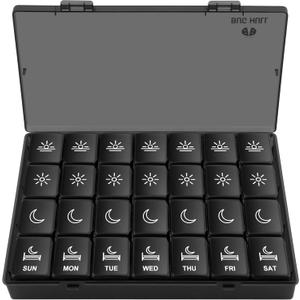 XL Pill Organizer 4 Times a Day,BUG HULL Large Weekly Pill Box for Travelling, Portable Pill Cases 7 Day pill Container Removable Daily Medicine Organizer for Cod-liver oil,Vitamins,Supplements(Black)