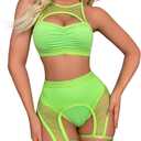 Women Rave Outfits Cutout Fishnet Top Booty Shorts Bottom Choker 3Pcs Babydoll Nightwear Festival Lingerie (X-Large, Fluorescent Green)