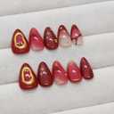 Wine Red Press on Nails Medium Almond Fake Nails Embossed Golden French Tip False Nails with Stars Designs Gradient Acrylic Nails Full Cover Handmade Press on Nails for Women DIY Manicure 30 Pcs