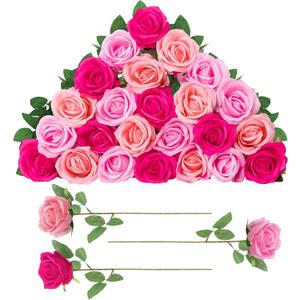 24 Pcs Hot Pink, Light Pink Rose Artificial Flowers with Long Stem Real Touch Silk Roses Bulk for Wedding, Party, Table Centerpieces Bouquet, Bridal, Home Decor